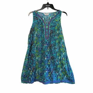 Biba Short Dress Kaftan Beach Cover Up V-Neck %100 Cotton Floral Print Size US M